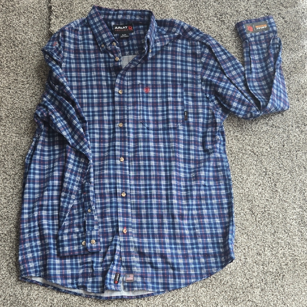 Ariat Men's Blue and White Checkered Work Shirt. Fire Resistant